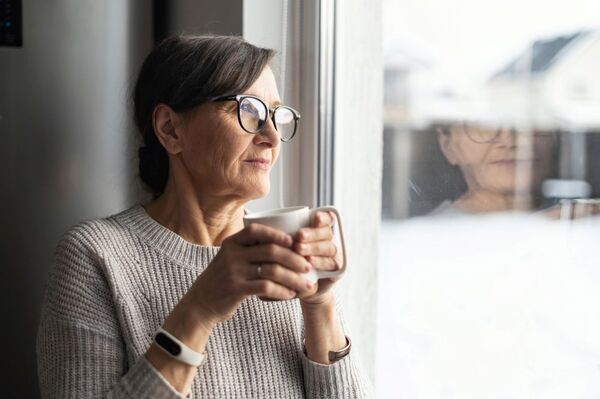 woman looking out of a window with a cup of tea