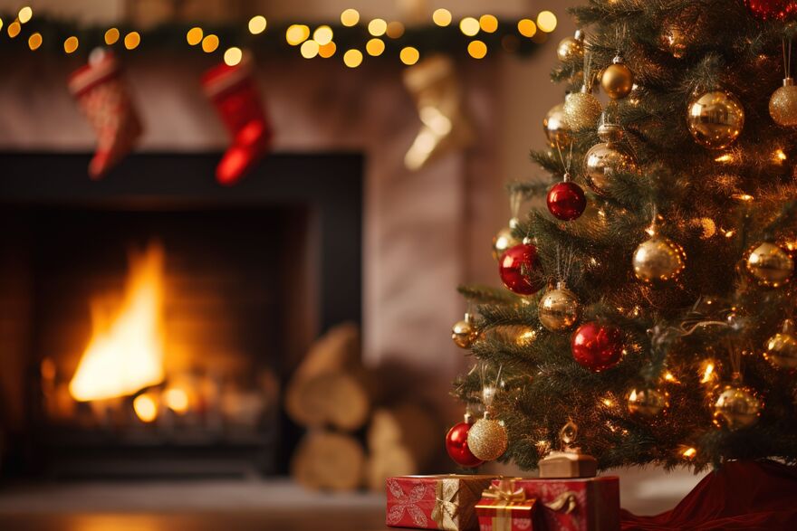 Christmas scene by the fireplace with bokeh lighting, blurred holiday backdrop.