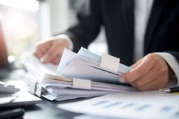 Businesswoman working with stack of paper files