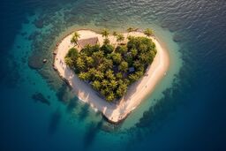 An island in the ocean with heart-shaped palm trees, top view, Generative AI