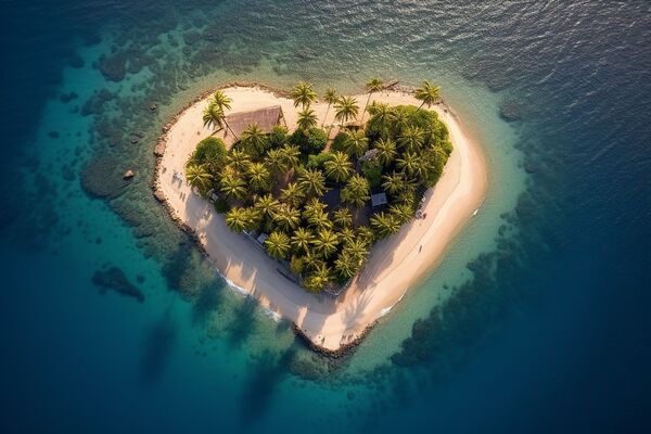 An island in the ocean with heart-shaped palm trees, top view, Generative AI