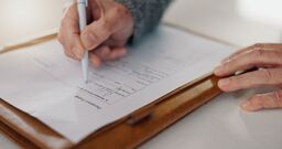 Senior person, hands and sign paper in home