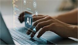 Hand using a laptop with AI interface and code on screen